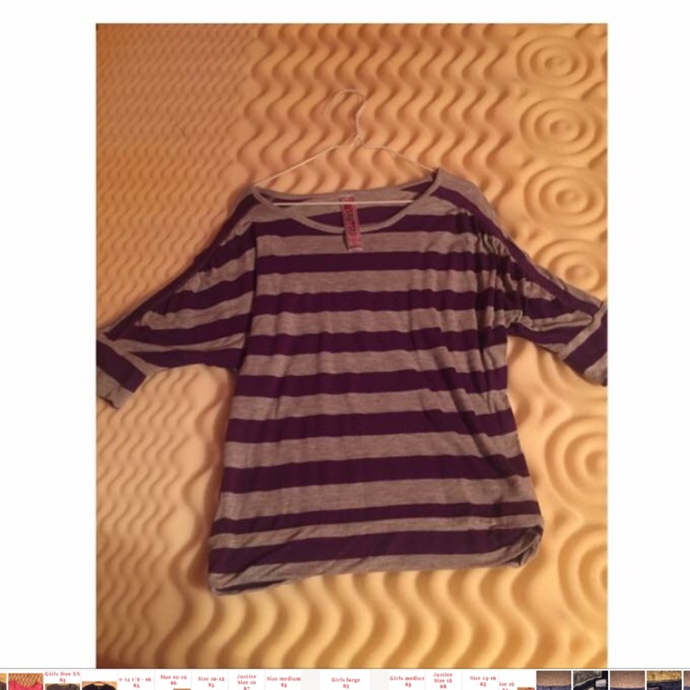 3/4 length purple and gray striped shirt
